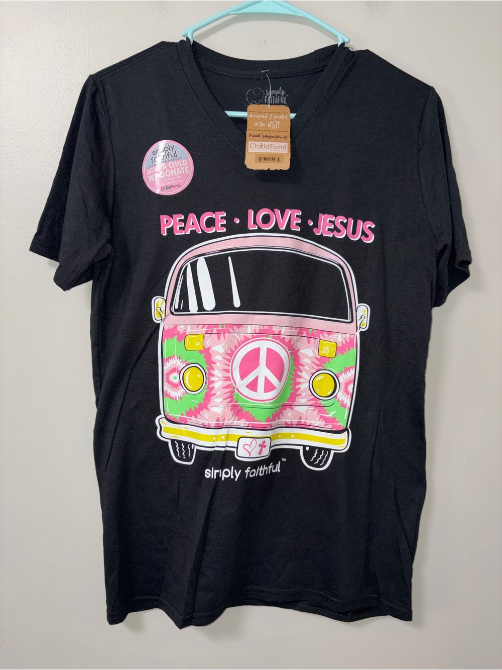 Simply Faithful Black V Neck Peace Love Jesus Neon Volkswagen T-Shirt NWT S